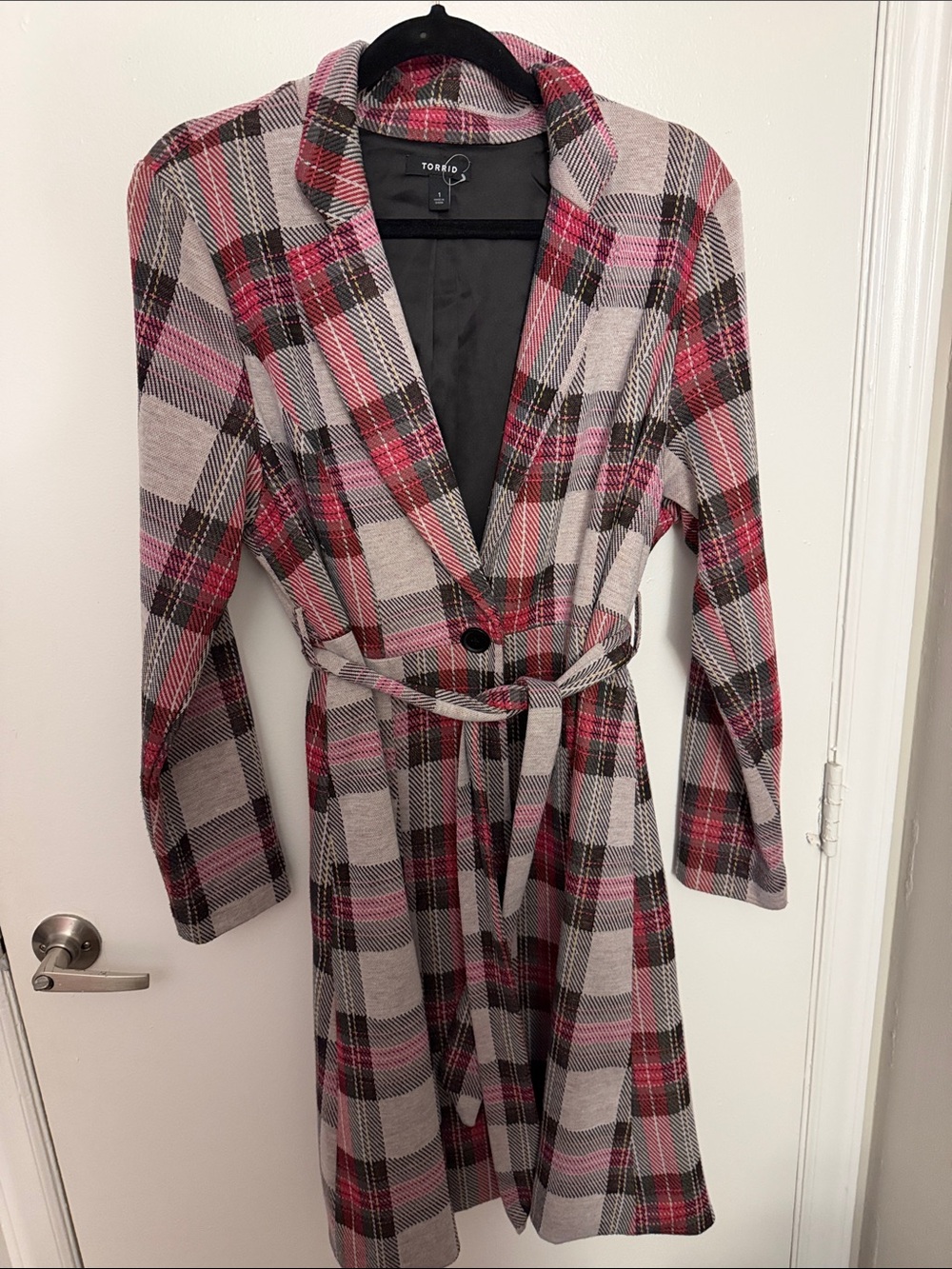 torrid Pink Gray Plaid Belted Robe-Style Coat